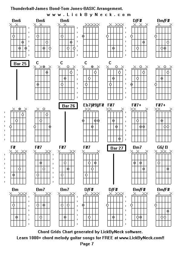 Chord Grids Chart of chord melody fingerstyle guitar song-Thunderball-James Bond-Tom Jones-BASIC Arrangement,generated by LickByNeck software.